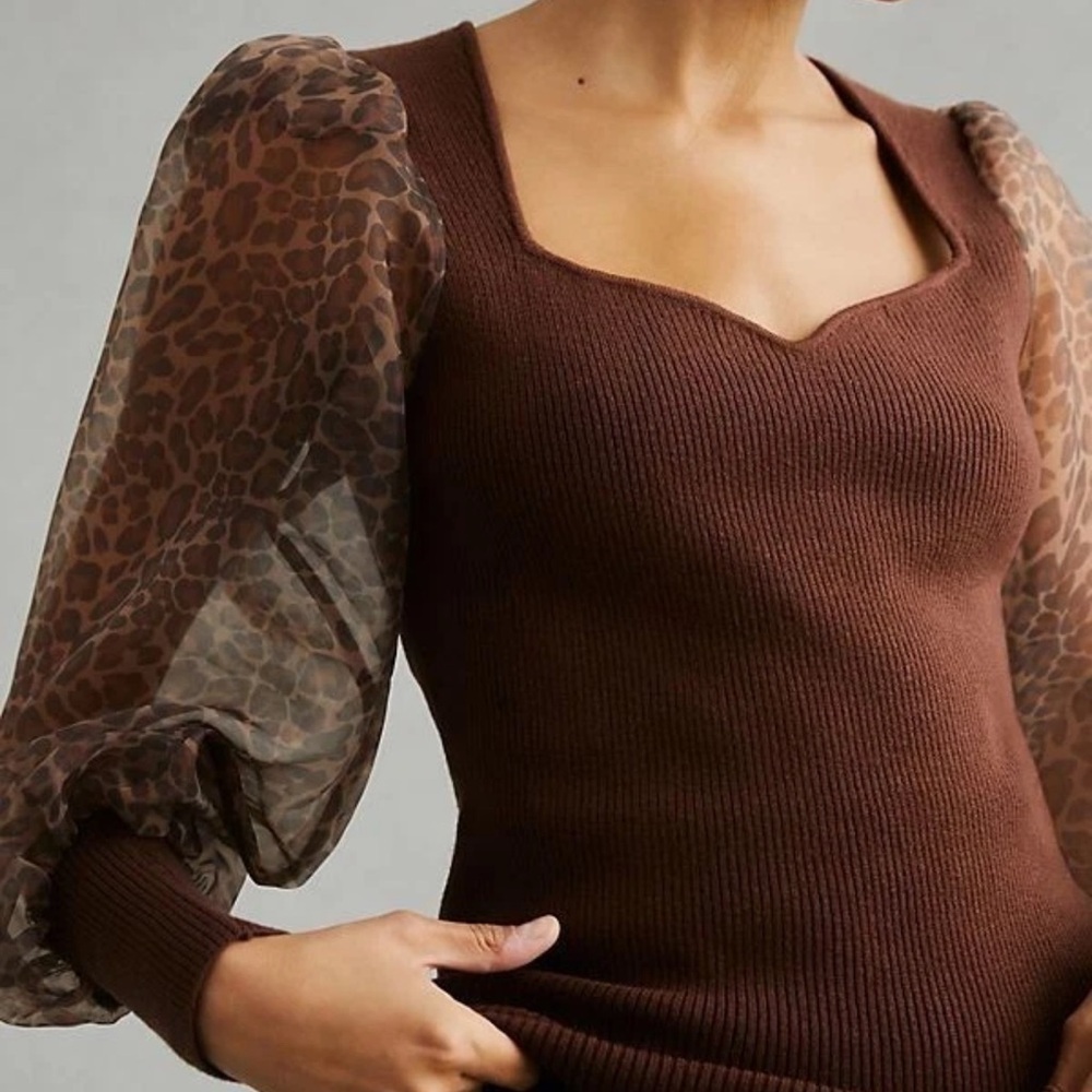 BNWT Anthropologie DOLAN Cheetah/Leopard Puff-Sleeve Sweater Top - Picture 2 of 5